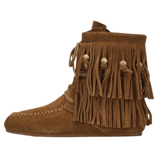 MILLIE'S/妙丽复古流苏烟筒靴女款短靴系带百搭瘦瘦靴反绒皮靴子