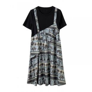 宝诗黎假两件印花拼接连衣裙2026夏季洋气波西米亚风短袖雪纺裙