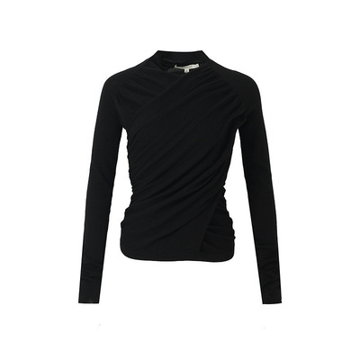 ZHUCHONGYUN春新款黑色简约交领褶皱修身绵羊毛针织上衣