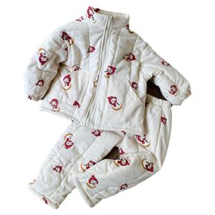 女童冬季睡衣加绒加厚儿童保暖三层夹棉小孩可爱家居服套装可外穿
