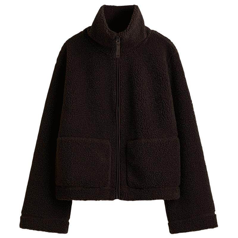 HM女装短外套2025冬新款拉链保暖泰迪绒摇粒绒酒红色开衫1308677