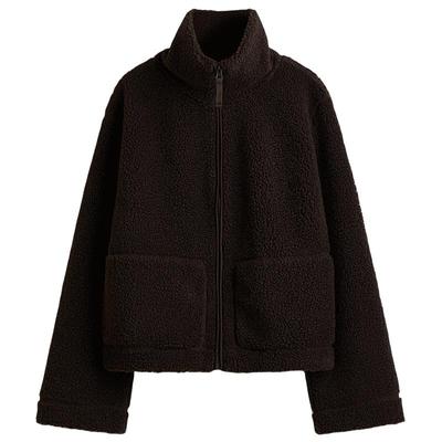 HM女装短外套冬季拉链保暖泰迪绒摇粒绒酒红色拉链外套1308677