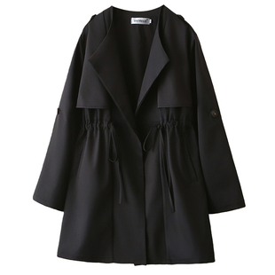 大码外套女胖mm春款2026年新款时尚气质抽绳收腰可卷袖中长款风衣