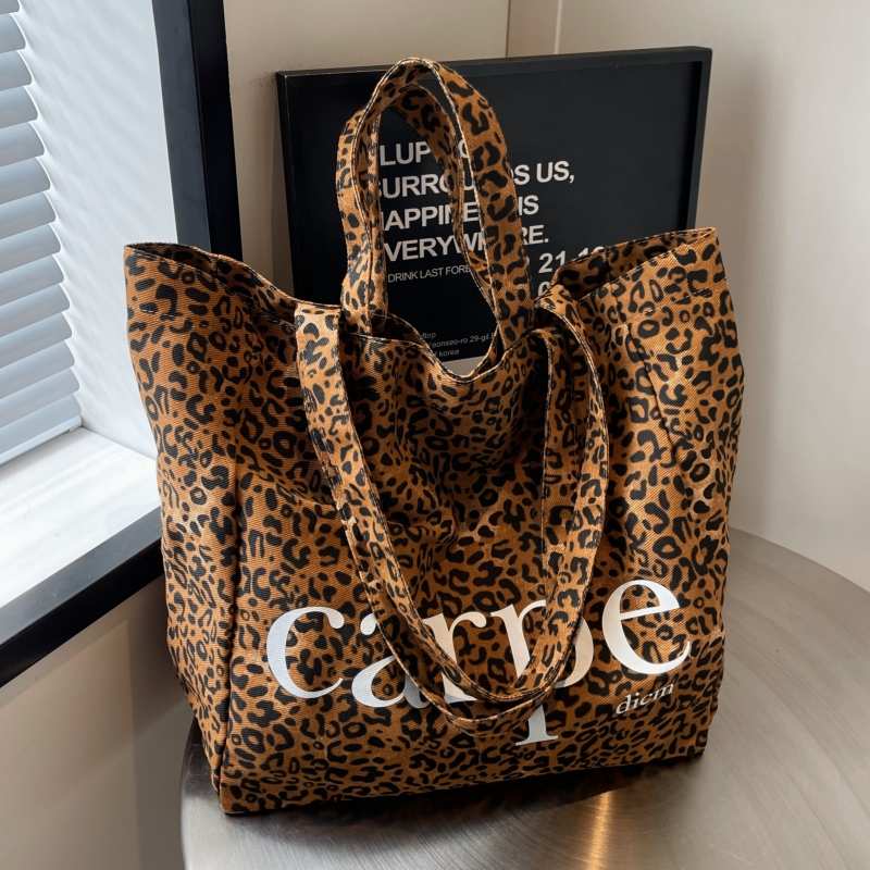 春季豹纹帆布包包女2025新款韩版手提购物袋大容量通勤单肩托特包