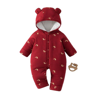 200g加厚夹棉保暖婴儿连体衣a类棉服冬季满月宝宝新年红色拜年服3