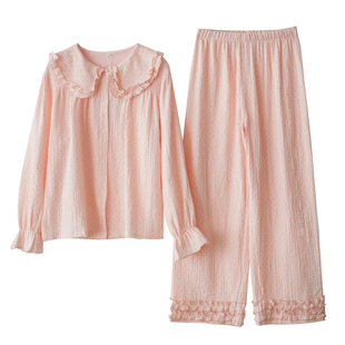 双层纯棉纱布 女士波点家居服套装 娃娃领睡衣睡裤 春秋款 女装