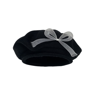 三环路针织蝴蝶结贝雷帽时尚百搭保暖毛线帽秋冬高级感显脸小女