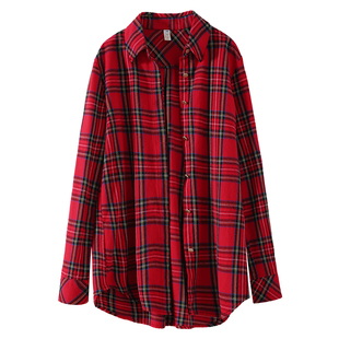 红格子衬衫女2023春秋新款磨毛经典宽松百搭打底上衣纯棉长袖衬衣