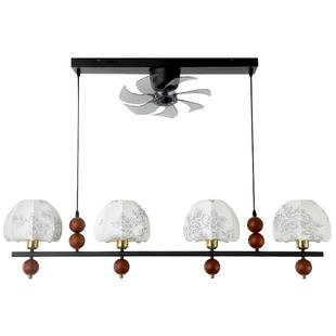 默川法式复古花纹布艺餐厅吊扇灯实木奶油中古风书房餐桌风扇吊灯