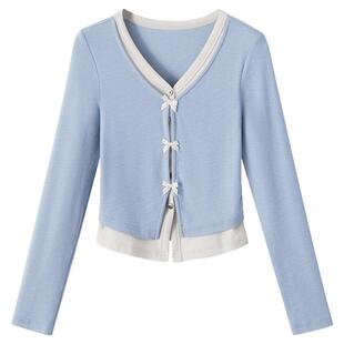 夕蒙2026春秋修身辣妹上衣开衫设计感小个子独特小众假两件t恤女