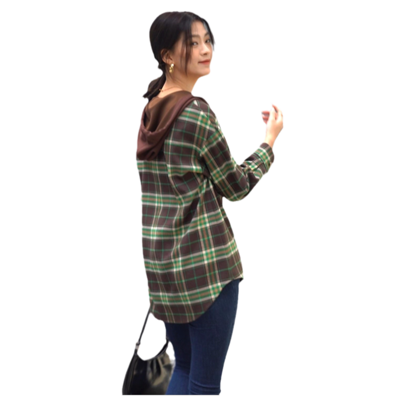 乔妮塔连帽长袖休闲格子衬衫宽松