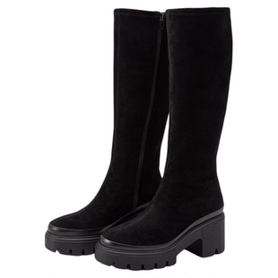 莎莎苏2025秋冬季新款厚底增高伯德靴弹力瘦瘦靴加绒拉链长靴