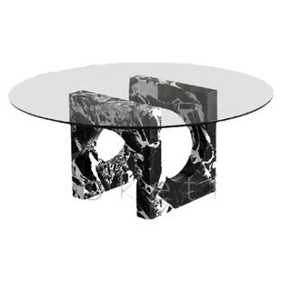 Reverso现代设计师款圆形天然宝格丽黑大理石奢石茶几玻璃咖啡桌