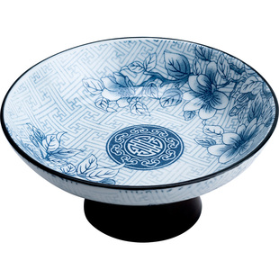 陶迷青花果盘大号托盘点心盘陶瓷家用客厅零食盘高脚果蓝茶道配件