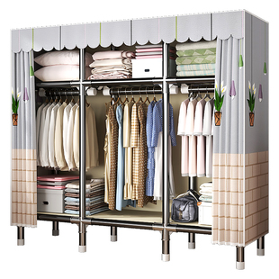 布衣柜简易组装家用卧室出租房结实耐用衣橱钢管加厚全钢架加固屋