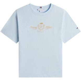 Tommy26春夏女装纯棉休闲通勤金色麦穗花体刺绣合身短袖T恤上衣