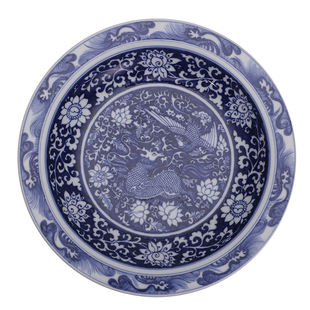 蓝本元麒麟飞凤蓝地白花缠枝牡丹花卉纹盘青地白花元代青花瓷风格