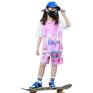 女童粉色篮球服套装女夏季爱莎运动套装儿童宝宝运动速干球衣短袖