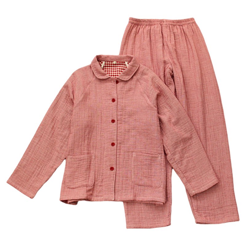 娃娃领全棉四层纱布睡衣女格子加厚纯棉家居服长袖春秋简约柔软