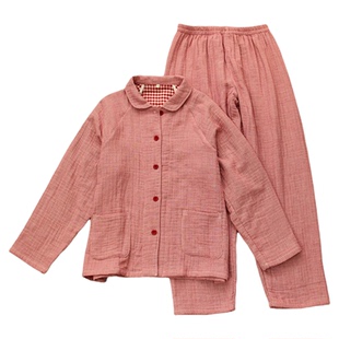 娃娃领全棉四层纱布睡衣女格子加厚纯棉家居服长袖春秋简约柔软