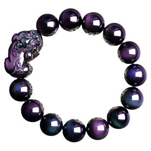 彩虹眼貔貅招财手链黑曜石手串女串珠男款玉石马年本命年情侣手饰