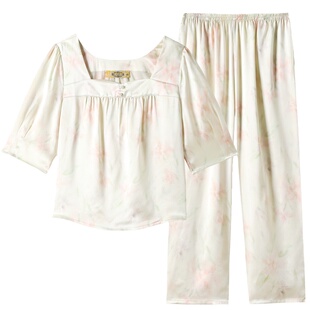 美标中袖真丝睡衣女春夏季新款甜美印花6A级100%桑蚕丝家居服套装