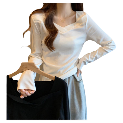 纯色简约V领长袖T恤女春秋德绒