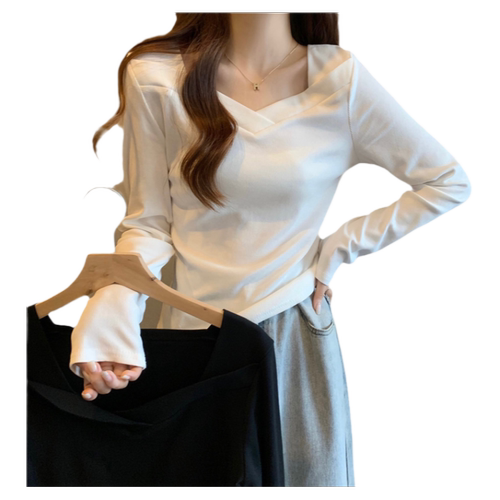 纯色简约V领长袖T恤女春秋德绒磨毛打底衫韩版内搭修身显瘦上衣服