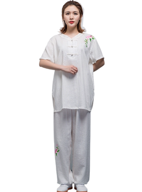 红棉太极服天丝亚麻男女士短袖