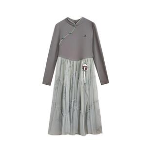 紫涵新中式拼接网纱连衣裙女春秋季新款不规则A字裙修身长袖上衣