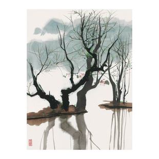 吴冠中春柳梧桐入秋竖版水墨画二油画棉布画芯高清印制中式装饰画