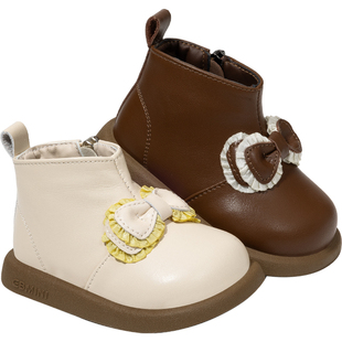 英贝米尼女童公主鞋秋冬新款软底加绒防滑蝴蝶结幼儿园女孩学步鞋