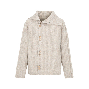 dorydory复古翻领坑条毛衣开衫杂点羊毛单排扣秋冬高级设计感高领