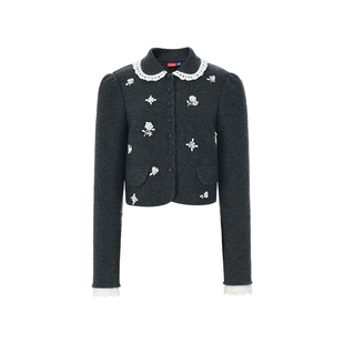 lefame拉飞姆冬季复古洛可可花边装饰钉珠针织上衣