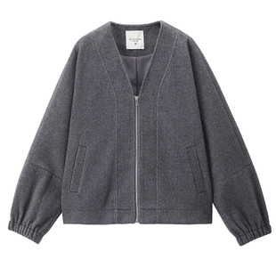 设计师款佐丹奴无领大衣女装格雷系新款V领宽松毛呢外套18375219