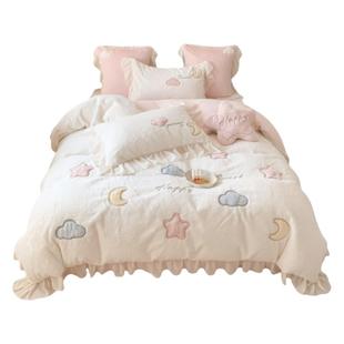 可爱云朵兔兔绒刺绣四件套加厚牛奶绒床上用品秋冬珊瑚绒床单被套