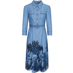 专柜正品马天奴女装秋冬新款蓝色印花牛仔连衣裙气质漂亮裙子流行