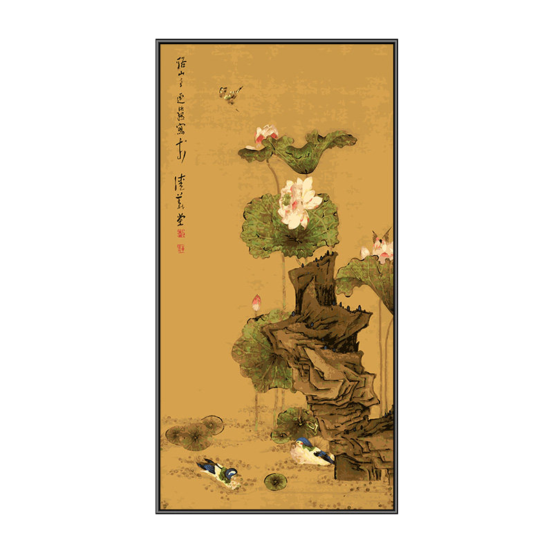 自油自画玄关装饰画荷花鸳鸯图