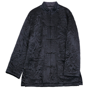 真丝素缎压花中国风开襟中长款上衣中式复古宽松冬棉衣唐装女外套