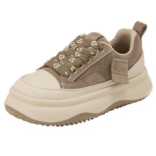 奥康女鞋 春秋圆头厚底增高面包鞋百搭舒适系带拼接休闲板鞋潮流