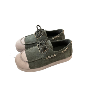 欧洲站26春英伦风磨砂皮乐福鞋女链条系带厚底圆头一脚蹬懒人单鞋