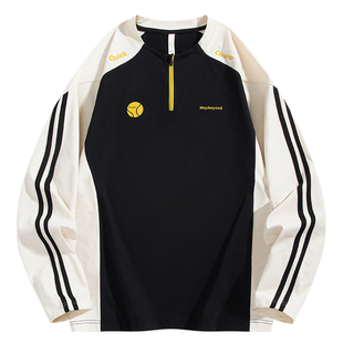 悟空有货户外运动风撞色拼接半拉链长袖T恤男女宽松百搭休闲上衣