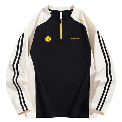 运动风撞色拼接半拉链长袖T恤男