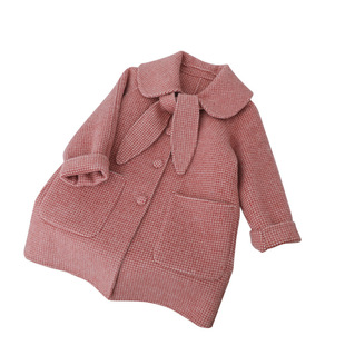 2025秋冬新款女童可爱兔耳朵翻领双面羊绒羊毛呢大衣外套韩版洋气