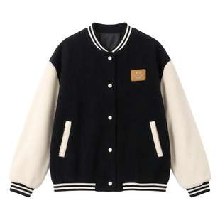 LUM 美式复古撞色羊羔毛棒球服外套女冬季短款小个子皮毛一体棉服