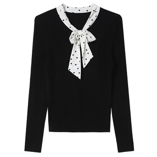 白鹿语复古温柔波点蝴蝶结系带针织衫25秋新款韩系减龄洋气上衣