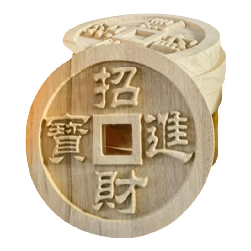 东阳木雕招财进宝铜钱实木小摆件