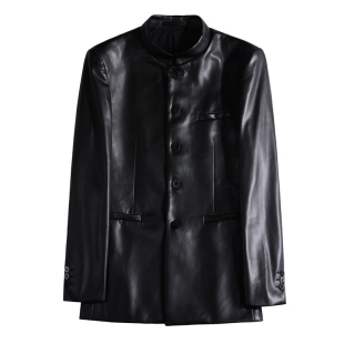 新中式黑色皮西装男士修身立领皮衣夹克男外套痞帅时尚休闲西服潮