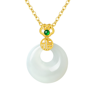 周大生18k黄金镶和田玉吊坠女平安扣无事牌如意项链挂坠新年礼物