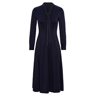 马天奴女装春秋新款藏青色提花飘带领收腰连衣裙子长袖时尚气质女